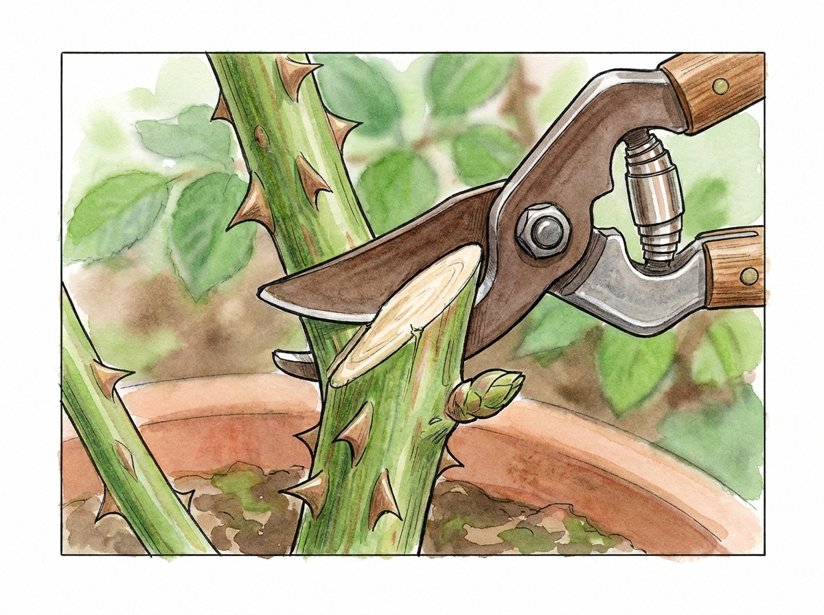 The correct pruning cut ensures outward growth and water runoff.