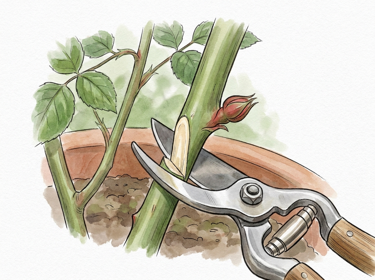 Pruning a rose stem just above an outward-facing bud.