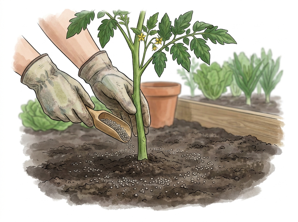 Apply fertiliser around the base of plants, not directly against the stem.