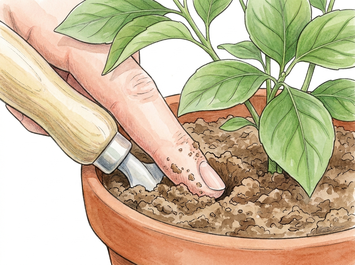 Check the soil moisture before watering. If it's dry 2-3 cm (1 inch) down, it's time to water.