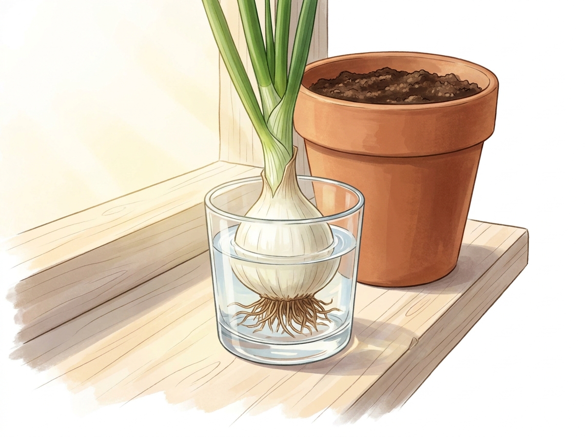 The spring onion base needs its roots in water to start growing.