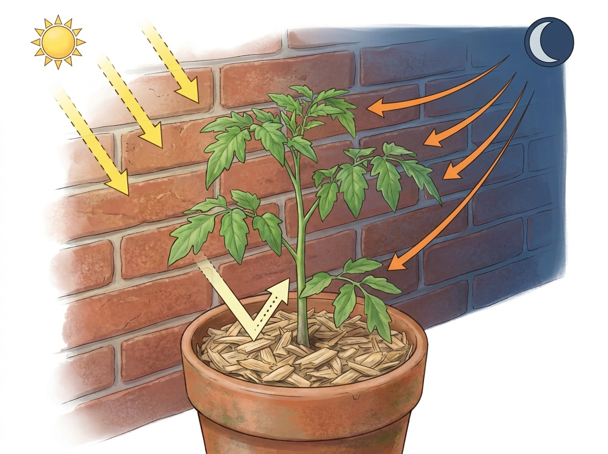 Thermal mass and reflected heat: a wall's stored energy and amplified solar gain create a warmer microclimate for adjacent plants.