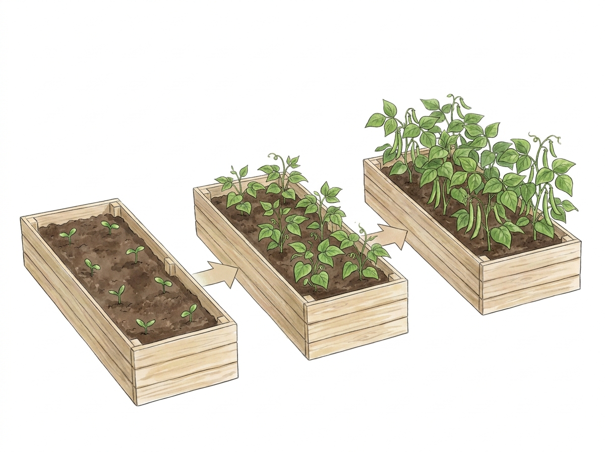 A visual representation of interval sowing for beans, showing staggered growth stages.