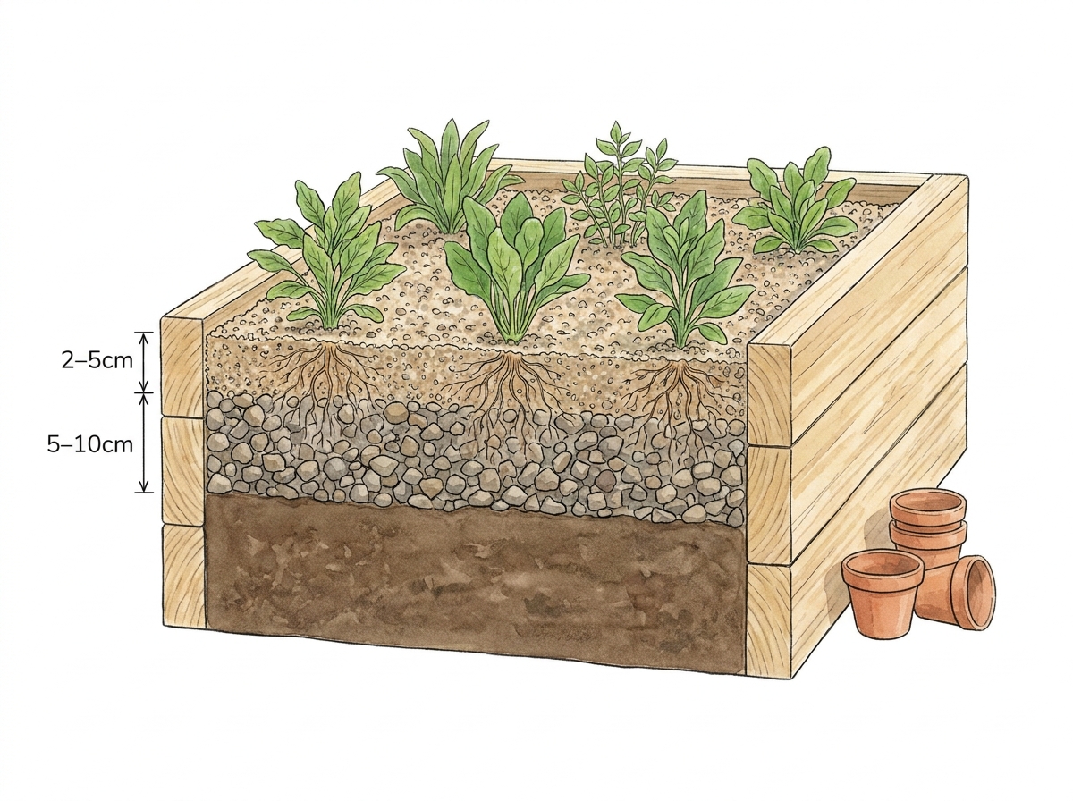 Gravel layers: A deep base of coarse gravel ensures excellent drainage, with a finer topping for planting.