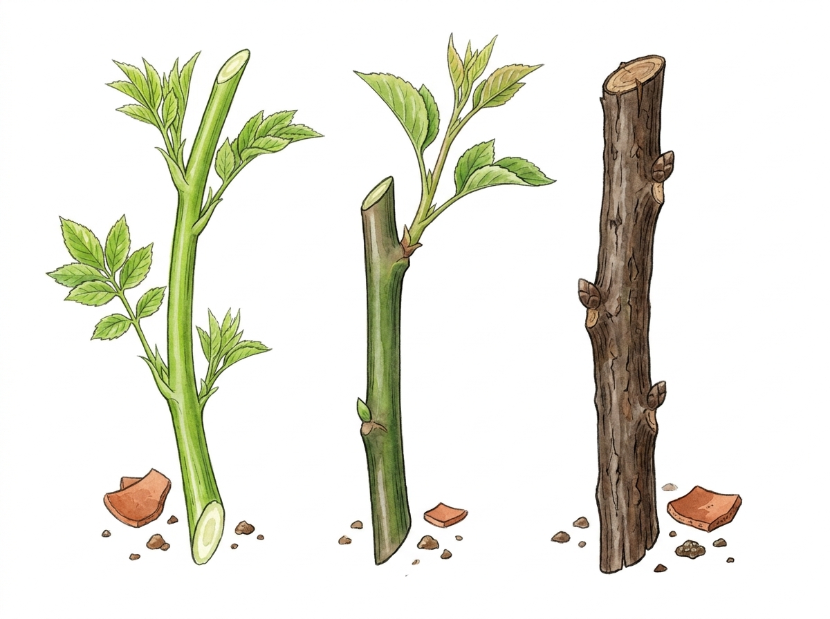Visual differentiation of softwood, semi-ripe, and hardwood stem maturity.