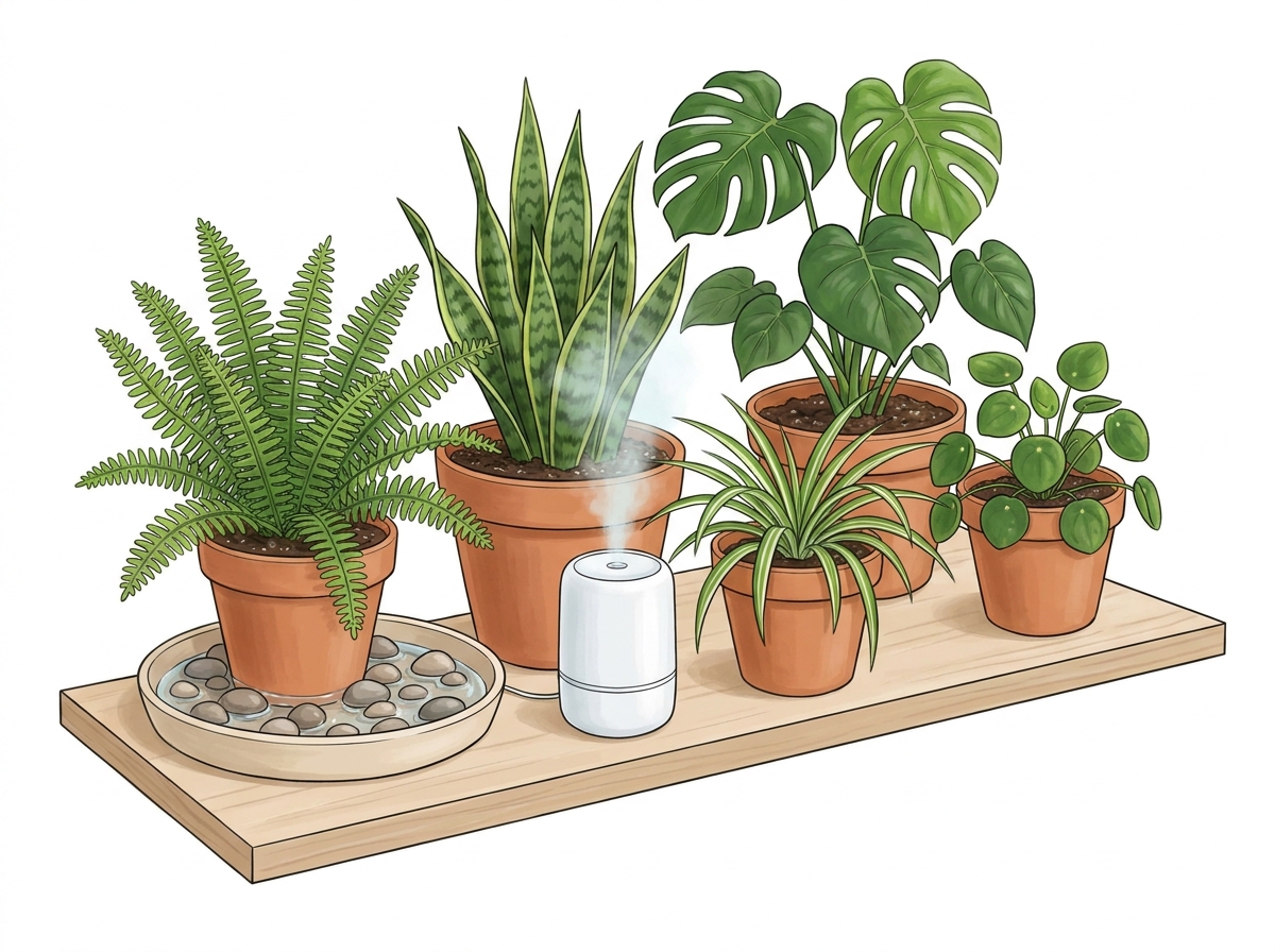 Group plants and use pebble trays or humidifiers to boost humidity.