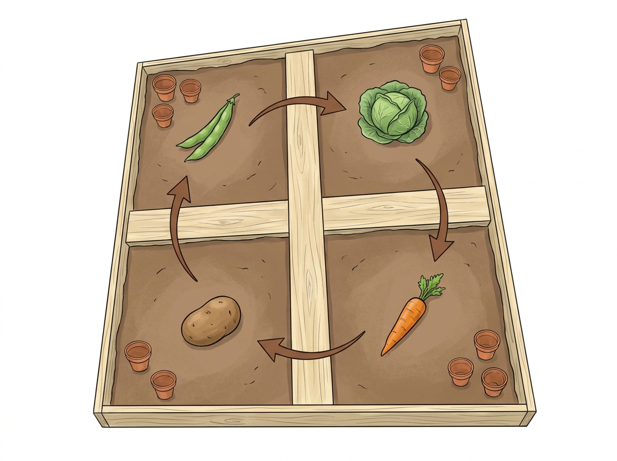 The four-bed rotation cycle: moving families clockwise each season to maintain soil balance.