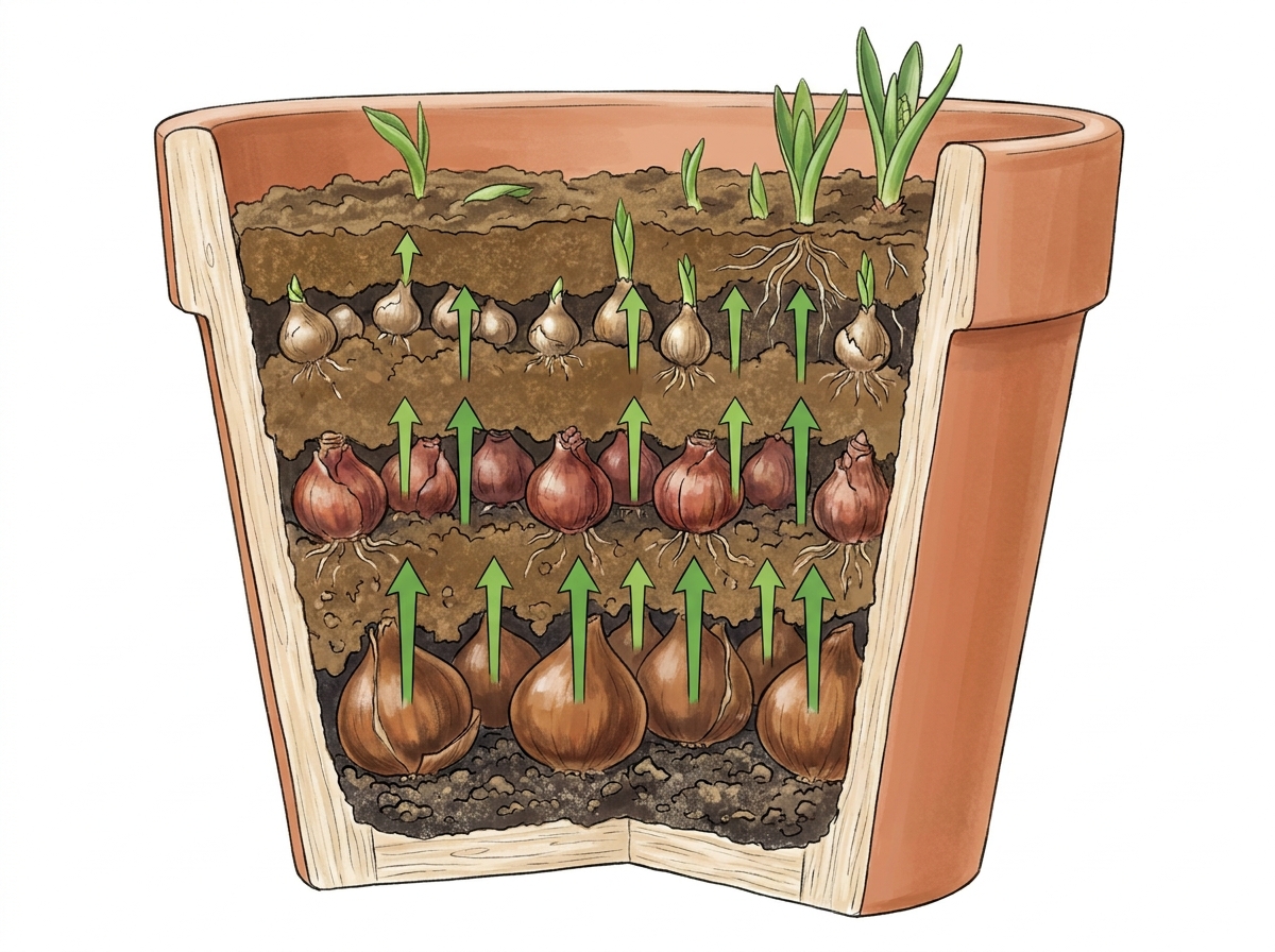 Bulbs are planted in descending order of size and flowering time, separated by layers of compost.
