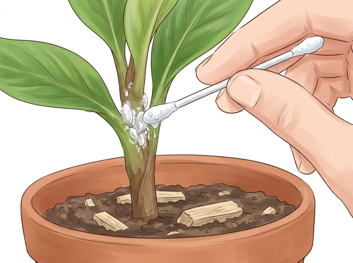 Targeted treatment of mealybugs with rubbing alcohol.