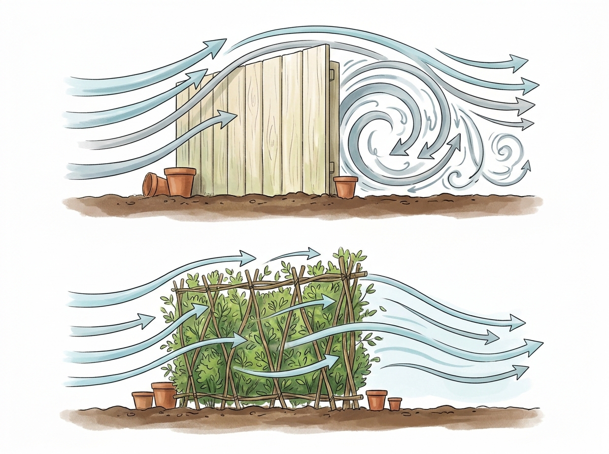 Comparative airflow dynamics: solid walls induce damaging turbulence, while permeable windbreaks offer gradual deceleration.