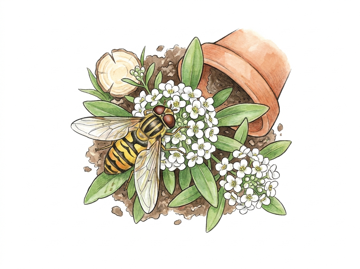 Adult hoverflies are attracted to nectar-rich flowers, while their larvae are voracious aphid predators.