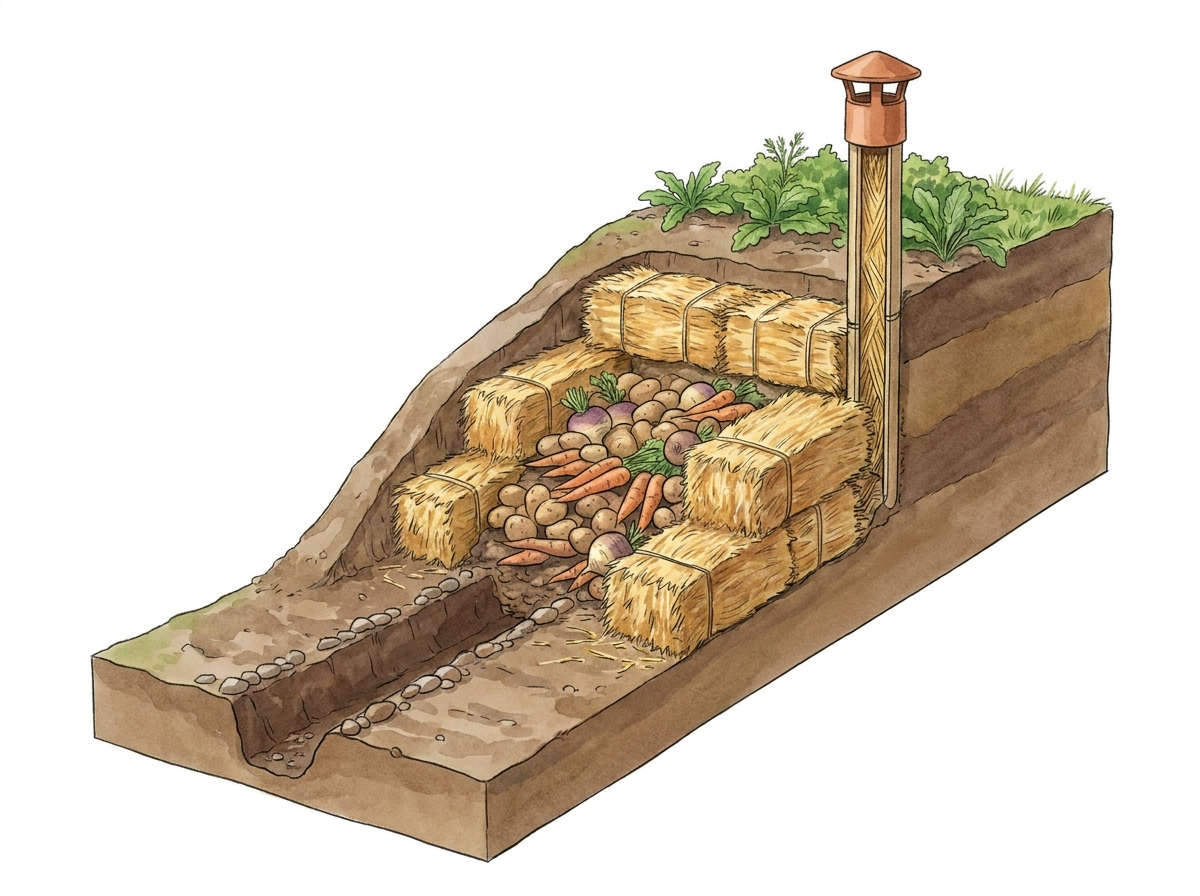 Cross-section of a field root clamp, showing the essential straw ventilation chimney.