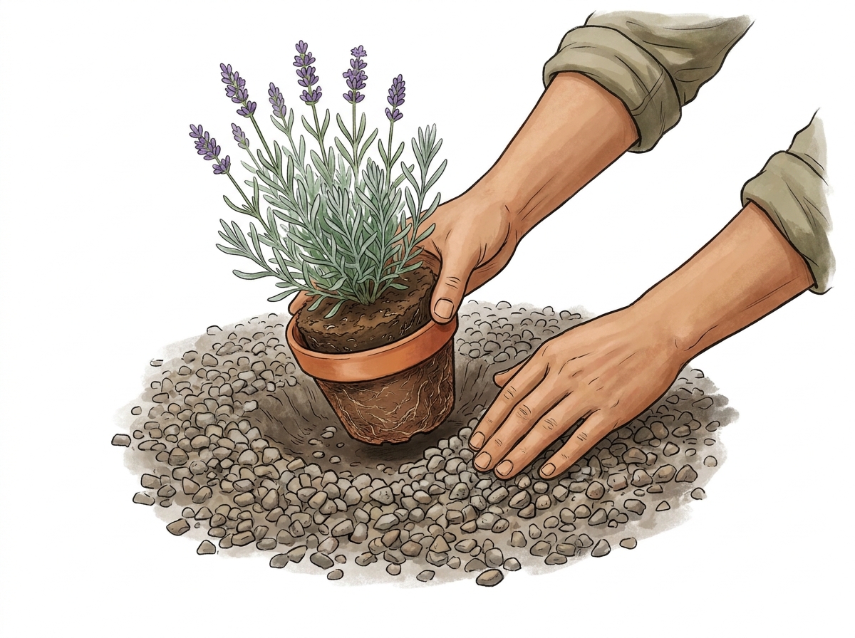 Planting technique: Nestle the plant's root ball into the gravel, ensuring the top is level with the surface.