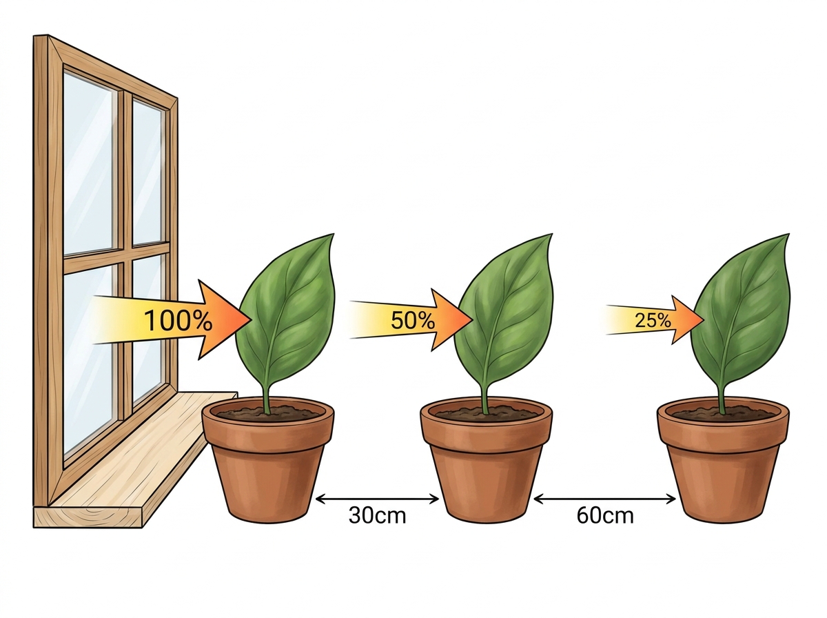 Light intensity decreases significantly with distance from the window.