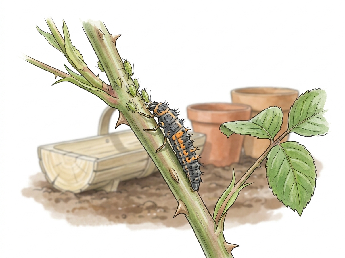 Larval stages of predators, like this ladybug grub, can be voracious aphid consumers.