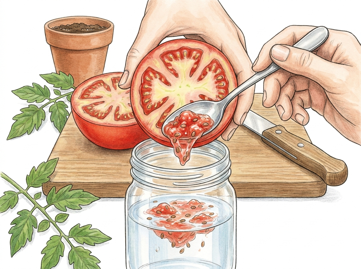 For wet-processed seeds like tomatoes, ferment the pulp in water for 2-4 days until a thin mould layer forms, then rinse thoroughly.
