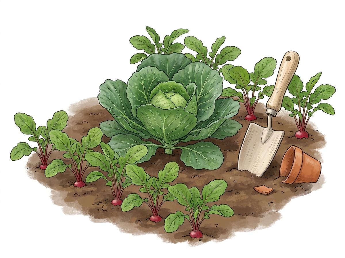 Intercropping radishes between young brassicas utilises space efficiently.